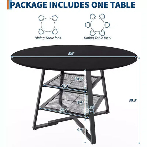 Table à manger ronde 42 pouces pour 4 à 6 personnes, table de cuisine ronde avec base en métal, table à manger ronde en bois, tables de cuisine en bois avec étagère de rangement