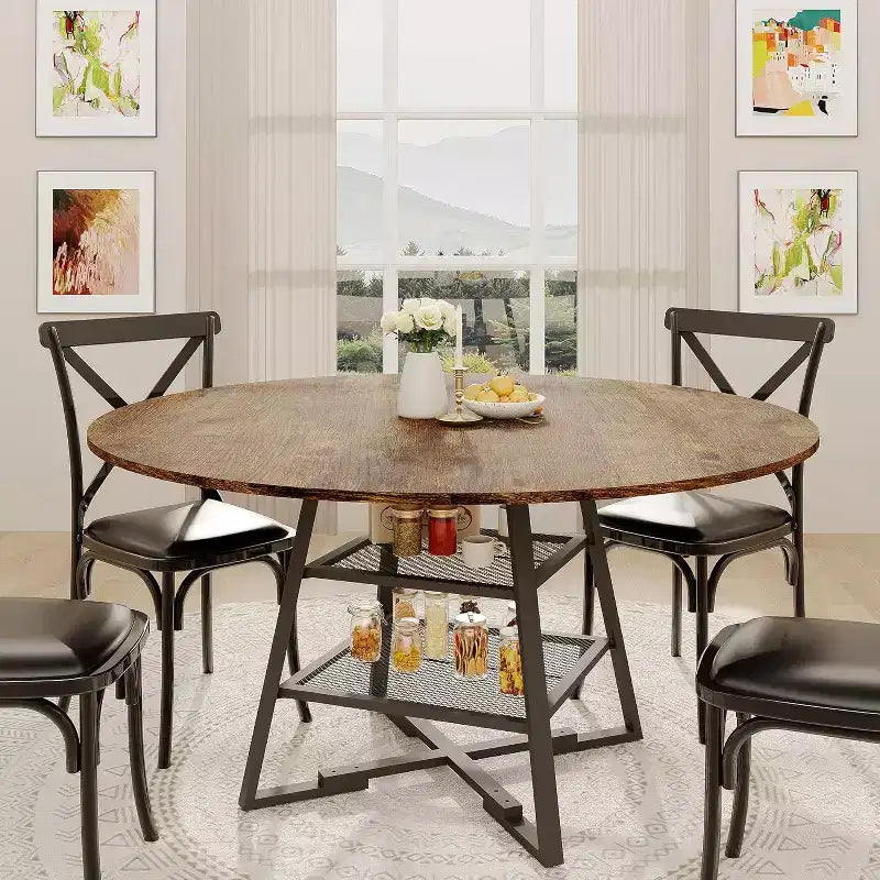Table à manger ronde 42 pouces pour 4 à 6 personnes, table de cuisine ronde avec base en métal, table à manger ronde en bois, tables de cuisine en bois avec étagère de rangement