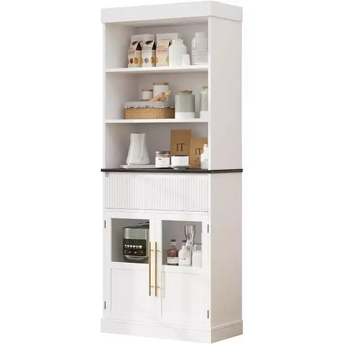70 Tall Storage Cabinet, Semi-Open Storage with Drawer, 2 Glass Doors - 3 Adjustable Shelves, Versatile Floor, Kitchen Pantry Cabinet for Room