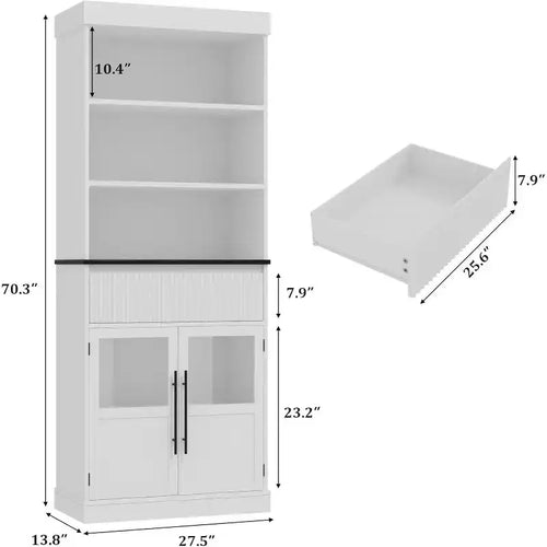 Meuble de rangement haut de 178 cm, Rangement semi-ouvert avec tiroir, 2 portes vitrées - 3 étagères réglables, Meuble de rangement polyvalent pour cuisine ou toute pièce