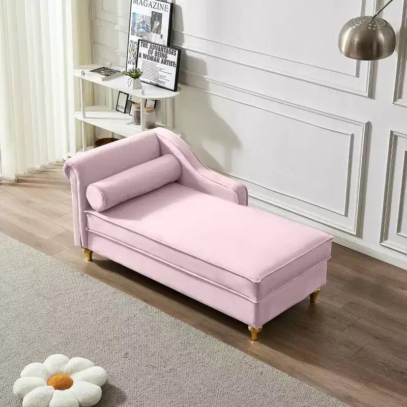 MAYEERTY Canapé méridienne en velours avec pieds en métal doré et oreiller rond pour salon rose