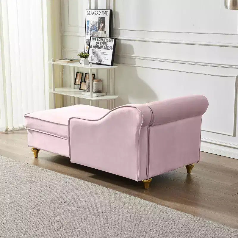 MAYEERTY Canapé méridienne en velours avec pieds en métal doré et oreiller rond pour salon rose