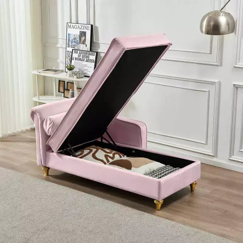 MAYEERTY Canapé méridienne en velours avec pieds en métal doré et oreiller rond pour salon rose