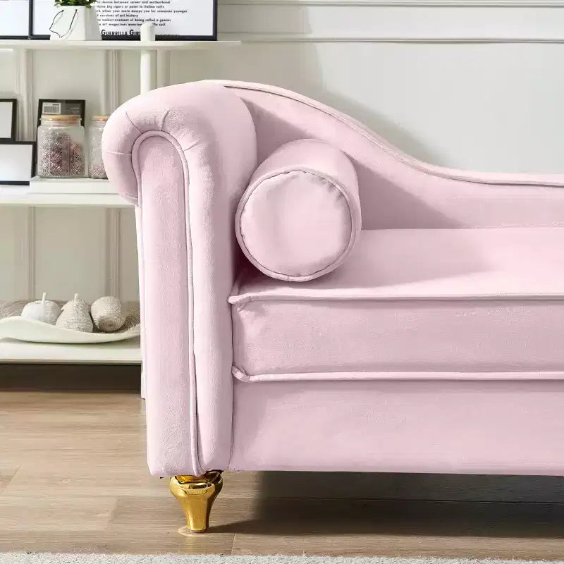 MAYEERTY Canapé méridienne en velours avec pieds en métal doré et oreiller rond pour salon rose