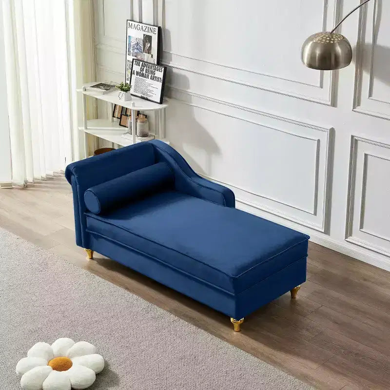 MAYEERTY Chaise longue en velours avec pieds en métal doré et coussin rond pour salon, bleu