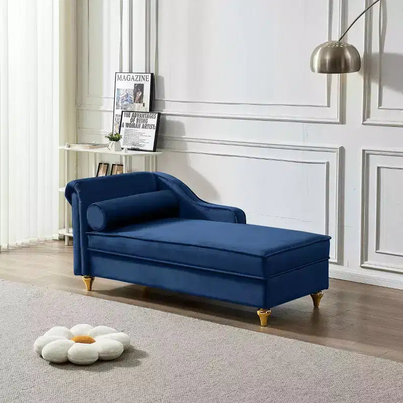 MAYEERTY Chaise longue en velours avec pieds en métal doré et coussin rond pour salon, bleu