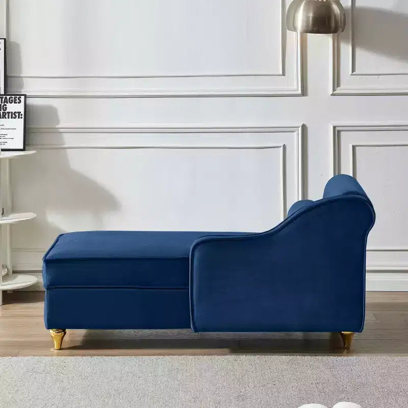 MAYEERTY Chaise longue en velours avec pieds en métal doré et coussin rond pour salon, bleu