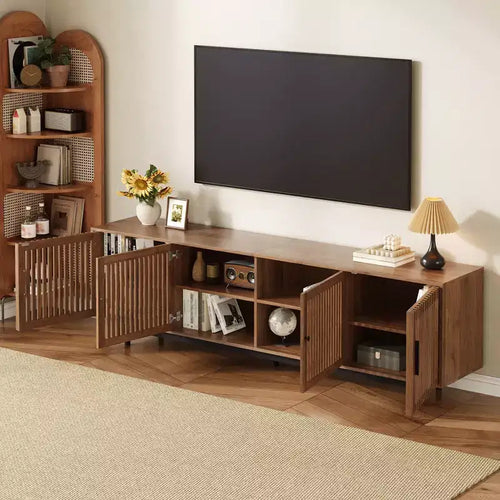 Meuble TV moderne de 78'' pour téléviseurs de 85'', console multimédia, centre de divertissement avec gestion des câbles et charnières à fermeture douce, Noyer - ModernLuxe