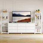 Meuble TV commode avec 9 tiroirs en tissu et 2 étagères de rangement industrielles à 4 niveaux pour salon