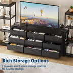 Meuble TV commode avec 9 tiroirs en tissu et 2 étagères de rangement industrielles à 4 niveaux pour salon