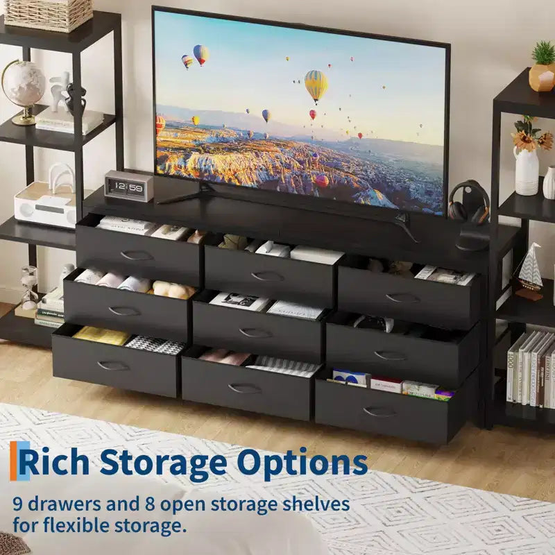 Meuble TV commode avec 9 tiroirs en tissu et 2 étagères de rangement industrielles à 4 niveaux pour salon