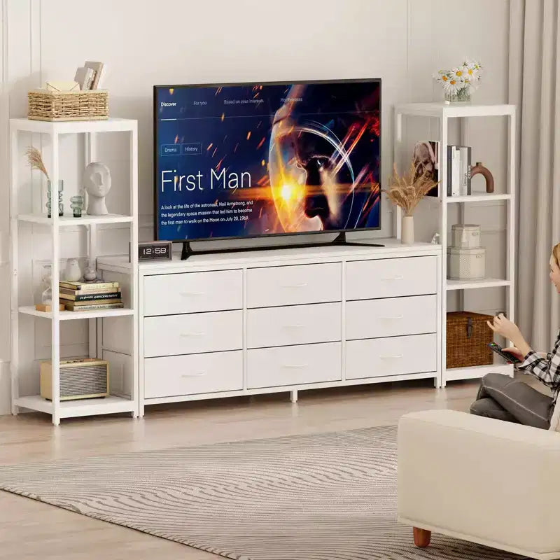 Meuble TV commode avec 9 tiroirs en tissu et 2 étagères de rangement industrielles à 4 niveaux pour salon