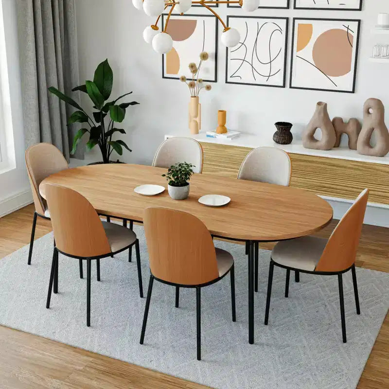 Ensemble de salle à manger 7 pièces LeisureMod Tule avec cadre en acier, 6 chaises de salle à manger rembourrées et table de salle à manger ovale de 180 cm avec plateau en bois