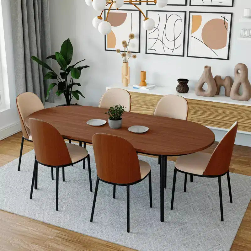 Ensemble de salle à manger 7 pièces LeisureMod Tule avec cadre en acier, 6 chaises de salle à manger rembourrées et table de salle à manger ovale de 180 cm avec plateau en bois