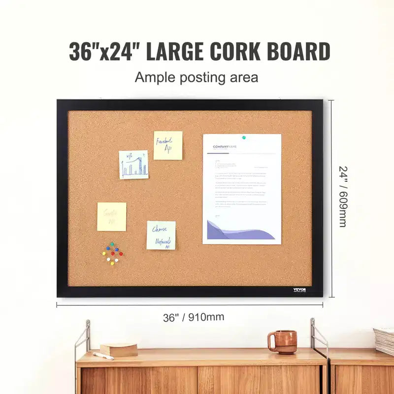 Tableau d'affichage en liège 90x60 cm, cadre avec punaises inclus pour la maison, le bureau, l'école