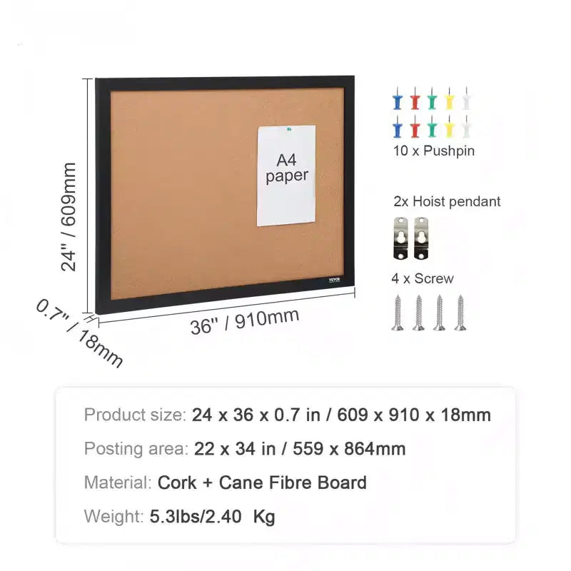 Tableau d'affichage en liège 90x60 cm, cadre avec punaises inclus pour la maison, le bureau, l'école