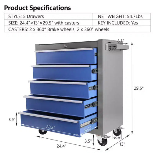 Servante d'atelier à 5 tiroirs avec roues, armoire de rangement portable en acier pour garage, atelier, entrepôt