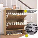 Meuble à chaussures avec 2 tiroirs basculants, Organisateur de chaussures dissimulé sur pied avec étagère ouverte inférieure, Meuble à chaussures étroit pour couloir