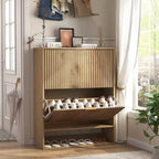 Meuble à chaussures avec 2 tiroirs basculants, Organisateur de chaussures dissimulé sur pied avec étagère ouverte inférieure, Meuble à chaussures étroit pour couloir