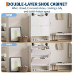 Meuble à chaussures avec 2 tiroirs basculants, Organisateur de chaussures dissimulé sur pied avec étagère ouverte inférieure, Meuble à chaussures étroit pour couloir