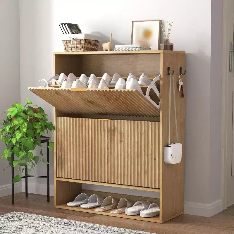Meuble à chaussures avec 2 tiroirs basculants, Organisateur de chaussures dissimulé sur pied avec étagère ouverte inférieure, Meuble à chaussures étroit pour couloir