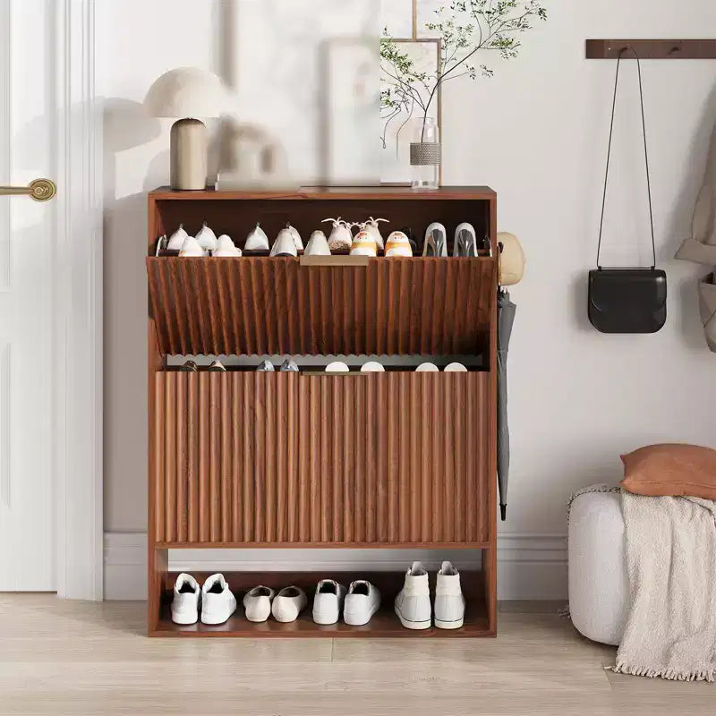 Meuble à chaussures avec 2 tiroirs basculants, Organisateur de chaussures dissimulé sur pied avec étagère ouverte inférieure, Meuble à chaussures étroit pour couloir