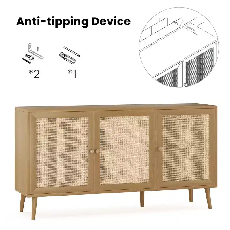 JVNOXK Buffet 18 pouces avec 3 Portes en Rotin, Console de Rangement de Cuisine Moderne, Adapté pour l'Entrée et le Salon, Finition Naturelle