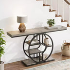 Console de 140 cm pour entrée, table de canapé de couloir industrielle avec étagères de rangement, table d'appoint étroite à 5 niveaux avec étagères de rangement circulaires