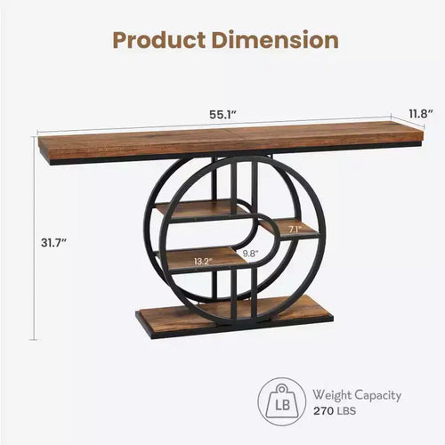 Console de 140 cm pour entrée, table de canapé de couloir industrielle avec étagères de rangement, table d'appoint étroite à 5 niveaux avec étagères de rangement circulaires