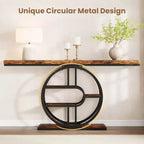 Console de 140 cm pour entrée, table de canapé de couloir industrielle avec étagères de rangement, table d'appoint étroite à 5 niveaux avec étagères de rangement circulaires