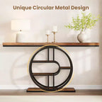 Console de 140 cm pour entrée, table de canapé de couloir industrielle avec étagères de rangement, table d'appoint étroite à 5 niveaux avec étagères de rangement circulaires