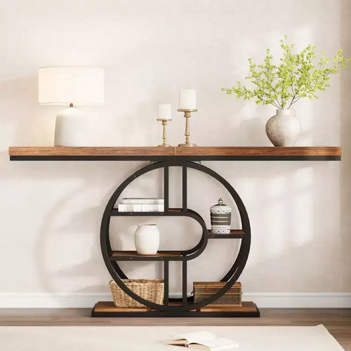 55'' Console Table for Entryway, Industrial Hallway Sofa Table with Storage Shelves, 5-Tier Narrow Accent Table with Circle Storage Shelves