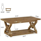 Table Basse Lantine 47,24 Pouces à 2 Niveaux, Table Basse de Salon Rectangulaire Style Ferme avec Étagères de Rangement Ouvertes, Montage Facile