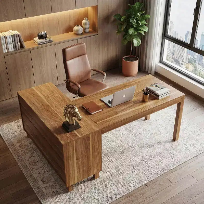 Bureau de direction en L MAYEERTY de 150 cm, bureau d'ordinateur de maison avec armoire de rangement