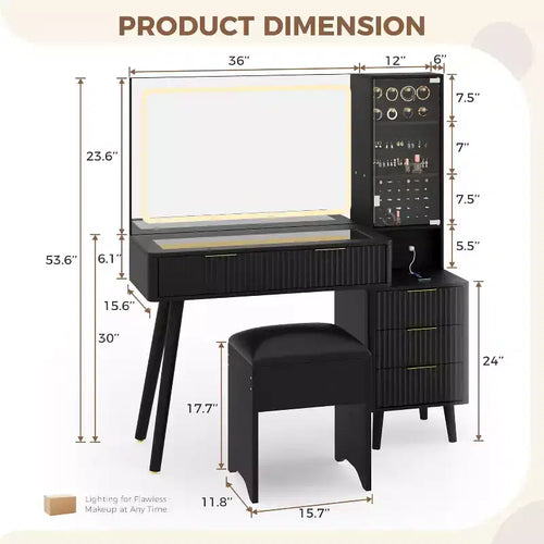 Coiffeuse de maquillage cannelée de 48 pouces avec grand miroir et lumières, coiffeuse de maquillage moderne avec station de charge et tabouret de rangement rembourré pour la maison