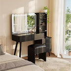 48 Fluted Makeup Vanity Desk with Large Mirror and Lights, Modern Makeup Vanity with Charging Station and Cushioned Storage Stool for Home