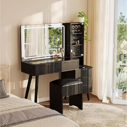 48 Fluted Makeup Vanity Desk with Large Mirror and Lights, Modern Makeup Vanity with Charging Station and Cushioned Storage Stool for Home