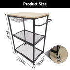 Dessertes de cuisine roulantes pour micro-ondes, Chariot de cuisine utilitaire à 3 niveaux sur roulettes avec poignée et panier de rangement, Station de table de bar à café pour salon ou bureau