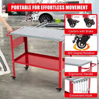 Table de soudage 36x18, Établi en acier capacité 1200 lbs avec 8 fentes à outils, trous de fixation 1/2, Table de travail de soudage avec plateau à outils et 4 roulettes verrouillables