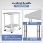 Table de travail en acier inoxydable, 91x61 cm/76x46 cm, avec 4 roulettes, pour cuisine et restaurant commerciaux