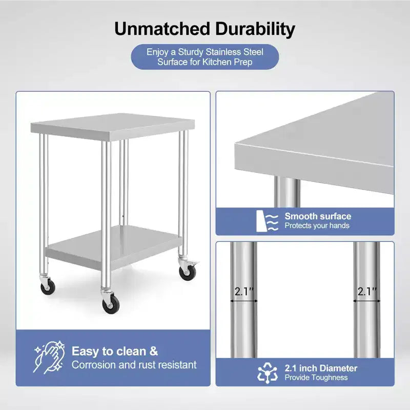 Table de travail en acier inoxydable, 91x61 cm/76x46 cm, avec 4 roulettes, pour cuisine et restaurant commerciaux