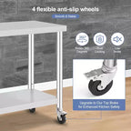 Table de travail en acier inoxydable, 91x61 cm/76x46 cm, avec 4 roulettes, pour cuisine et restaurant commerciaux