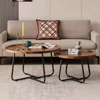 Tables gigognes basses Noyer (rond 70cm+50cm) Design cannelé en C pour Salon, Chambre et Bureau