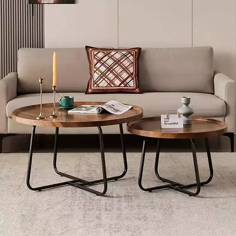 Tables gigognes basses Noyer (rond 70cm+50cm) Design cannelé en C pour Salon, Chambre et Bureau