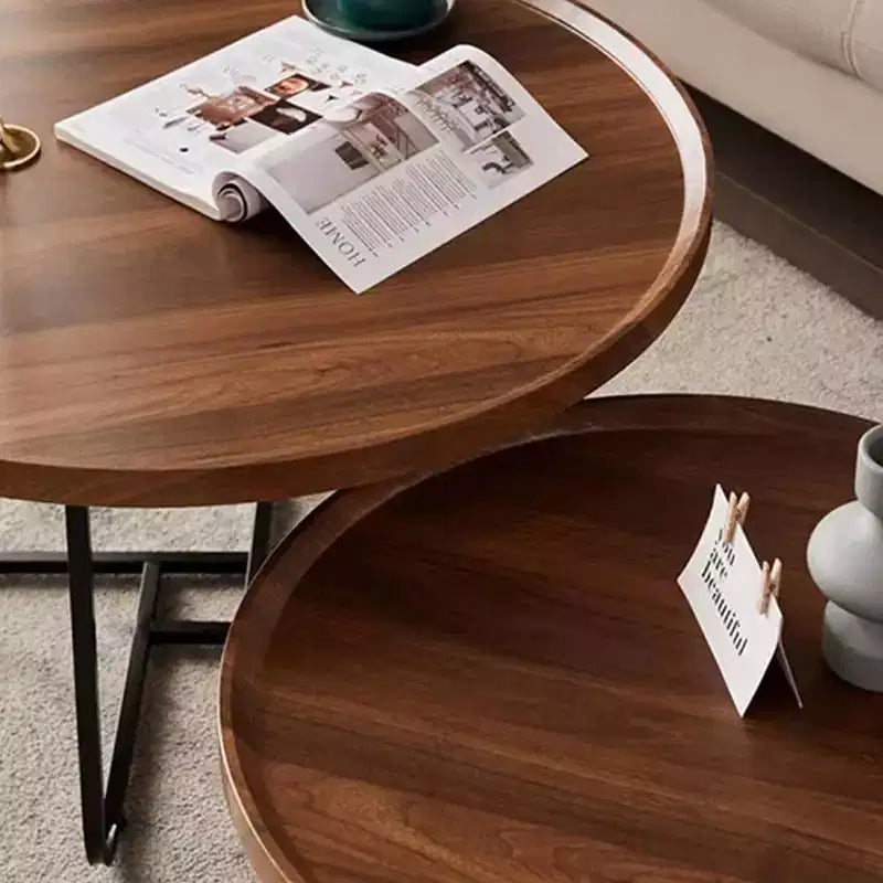 Tables gigognes basses Noyer (rond 70cm+50cm) Design cannelé en C pour Salon, Chambre et Bureau