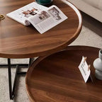 Tables gigognes basses Noyer (rond 70cm+50cm) Design cannelé en C pour Salon, Chambre et Bureau