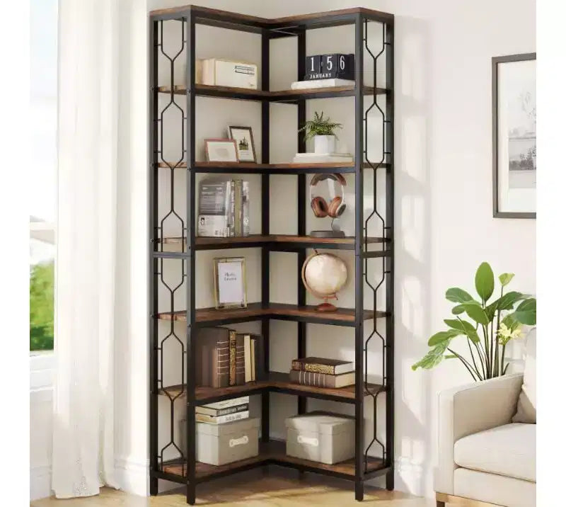 Lantine Étagère d'angle à 7 niveaux de 199,9 cm, bibliothèque industrielle haute et étagère de présentation avec rangement pour salon, chambre, bureau, marron