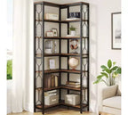 Lantine Étagère d'angle à 7 niveaux de 199,9 cm, bibliothèque industrielle haute et étagère de présentation avec rangement pour salon, chambre, bureau, marron