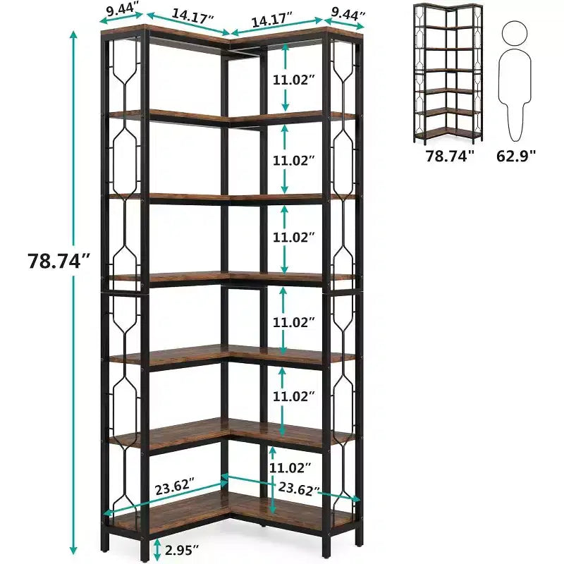 Lantine Étagère d'angle à 7 niveaux de 199,9 cm, bibliothèque industrielle haute et étagère de présentation avec rangement pour salon, chambre, bureau, marron