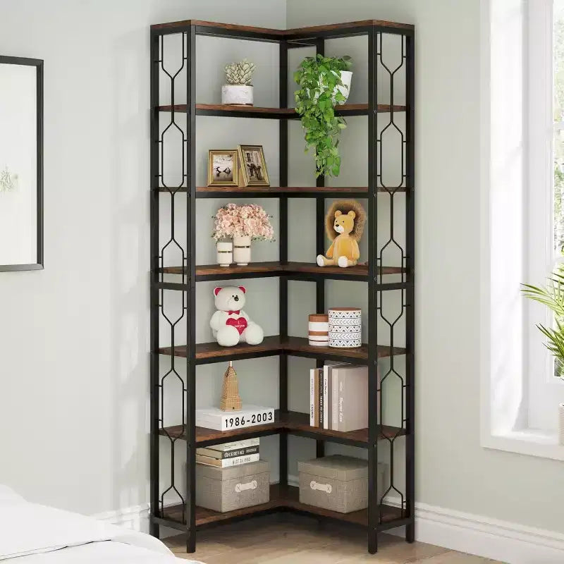 Lantine Étagère d'angle à 7 niveaux de 199,9 cm, bibliothèque industrielle haute et étagère de présentation avec rangement pour salon, chambre, bureau, marron